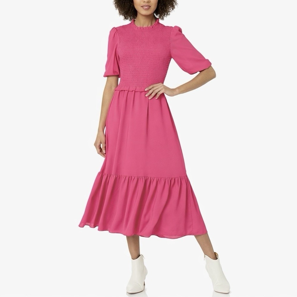 Nanette Lepore Smocked‎ Ruffle Midi Dress Womens 12 Wedding Guest Romantic Pink